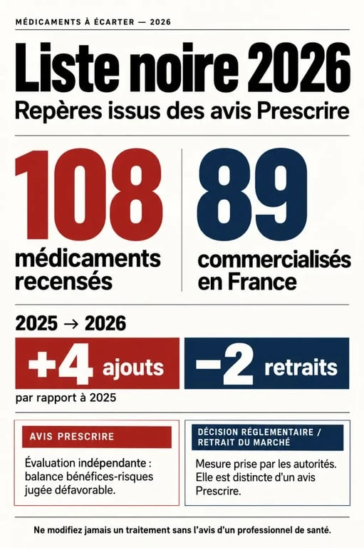 Infographie sur la liste noire medicaments 2026 : 108 médicaments recensés, 89 commercialisés en France, 4 ajouts et 2 retraits