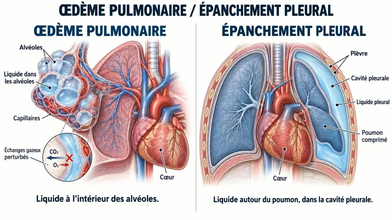 Eau sur les poumons : schéma comparant œdème pulmonaire et épanchement pleural