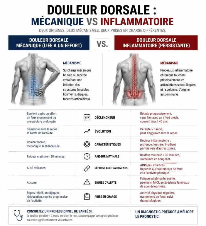 Infographie comparant douleur mécanique et douleur suspecte liée au mal de dos et cancer du côlon