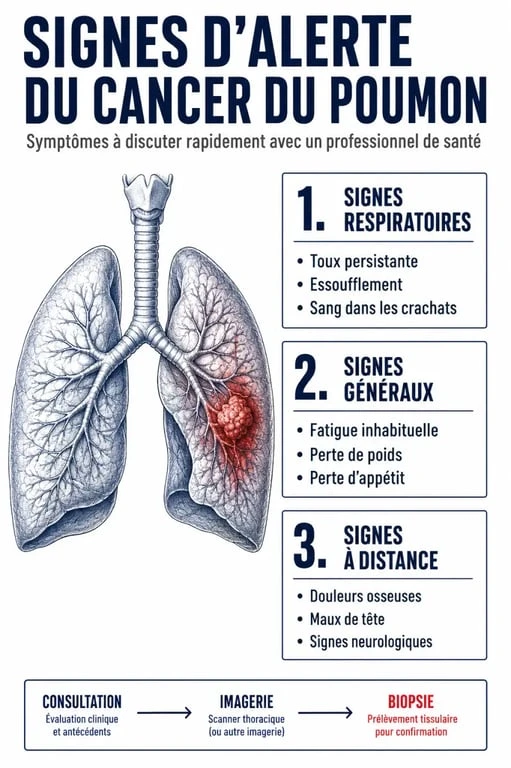 Signe cancer poumon : synthèse visuelle des symptômes respiratoires, généraux et des signes d’alerte