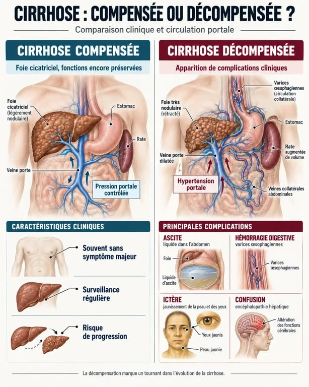 Infographie sur la cirrhose compensée et la cirrhose décompensée