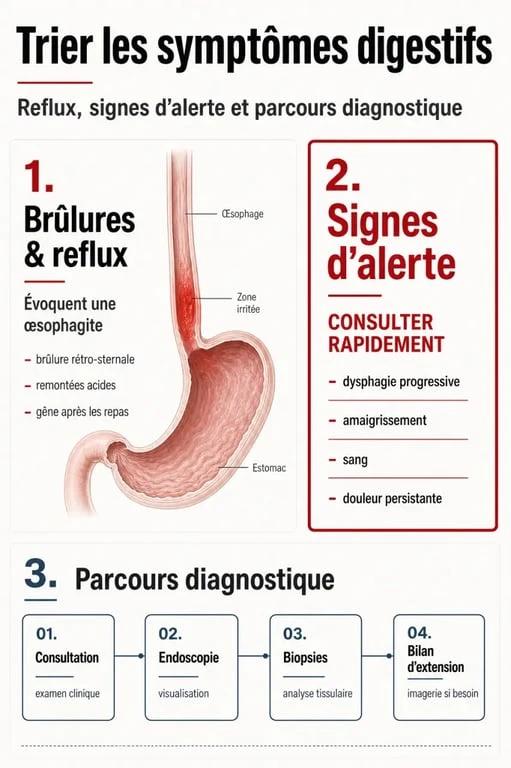 Œsophagite symptômes cancer : infographie sur les signes de reflux, les signaux d’alerte et le parcours diagnostique
