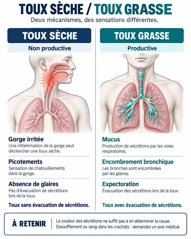 Différence entre toux sèche et toux grasse : glaires, irritation et expectoration