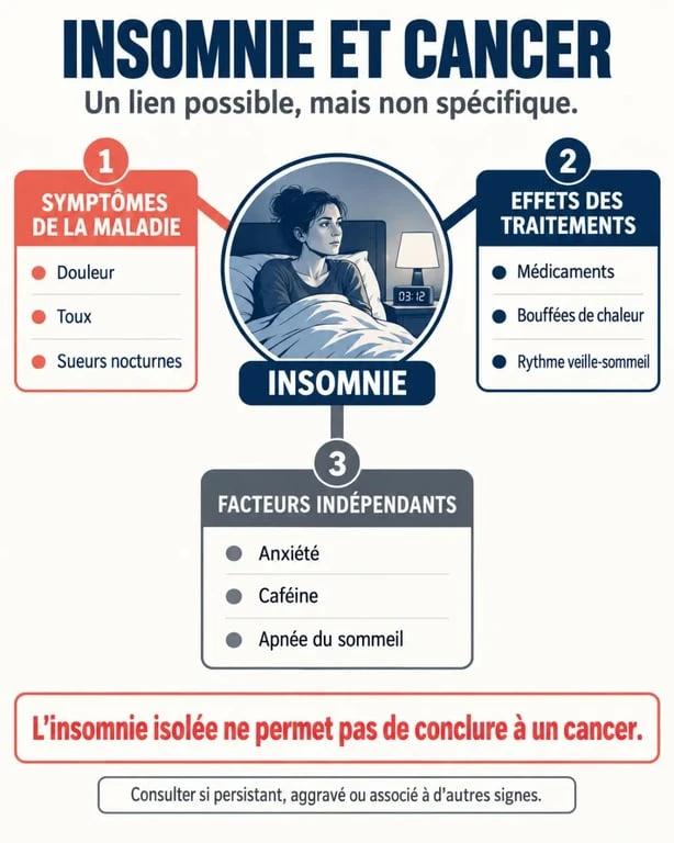 Infographie sur l’insomnie symptôme cancer et les causes possibles des troubles du sommeil