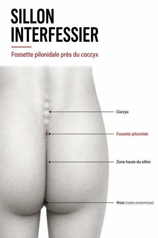 Schéma du kyste pilonidal debut dans le sillon interfessier, avec localisation au-dessus de l’anus près du coccyx