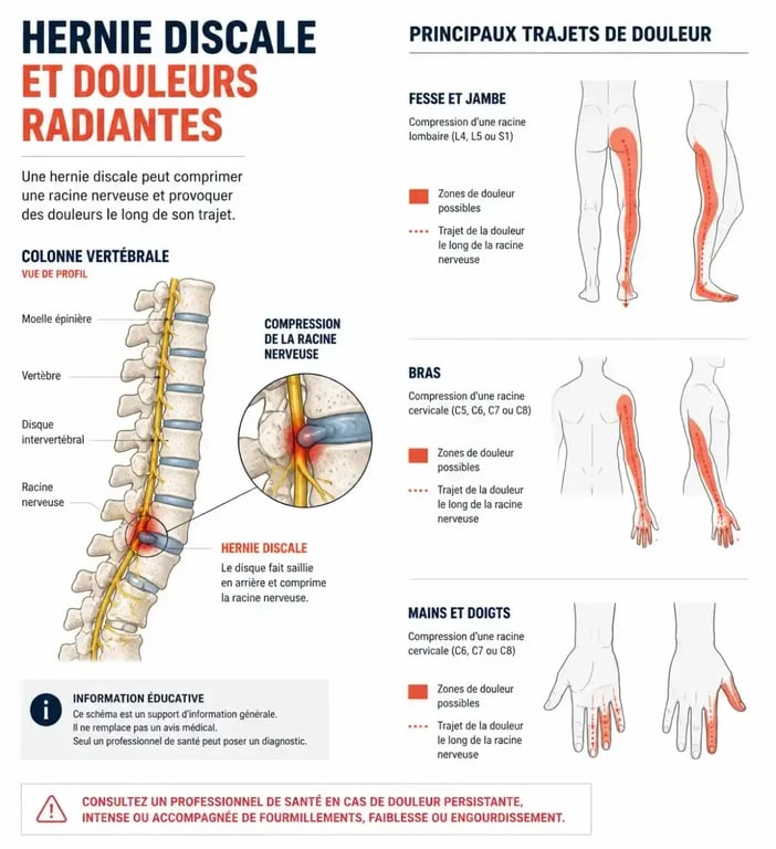 Schéma anatomique expliquant un nerf dos coincé, une racine nerveuse comprimée et les zones de douleur irradiée