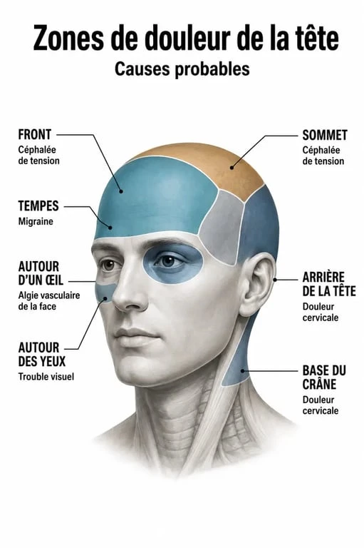 Douleur dans le crane : schéma des zones de la tête et causes possibles
