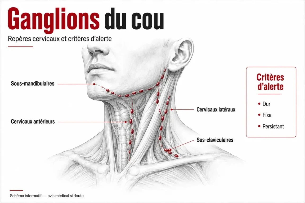 comment reconnaître un ganglion cancéreux : schéma du cou montrant les chaînes ganglionnaires cervicales et les zones à surveiller