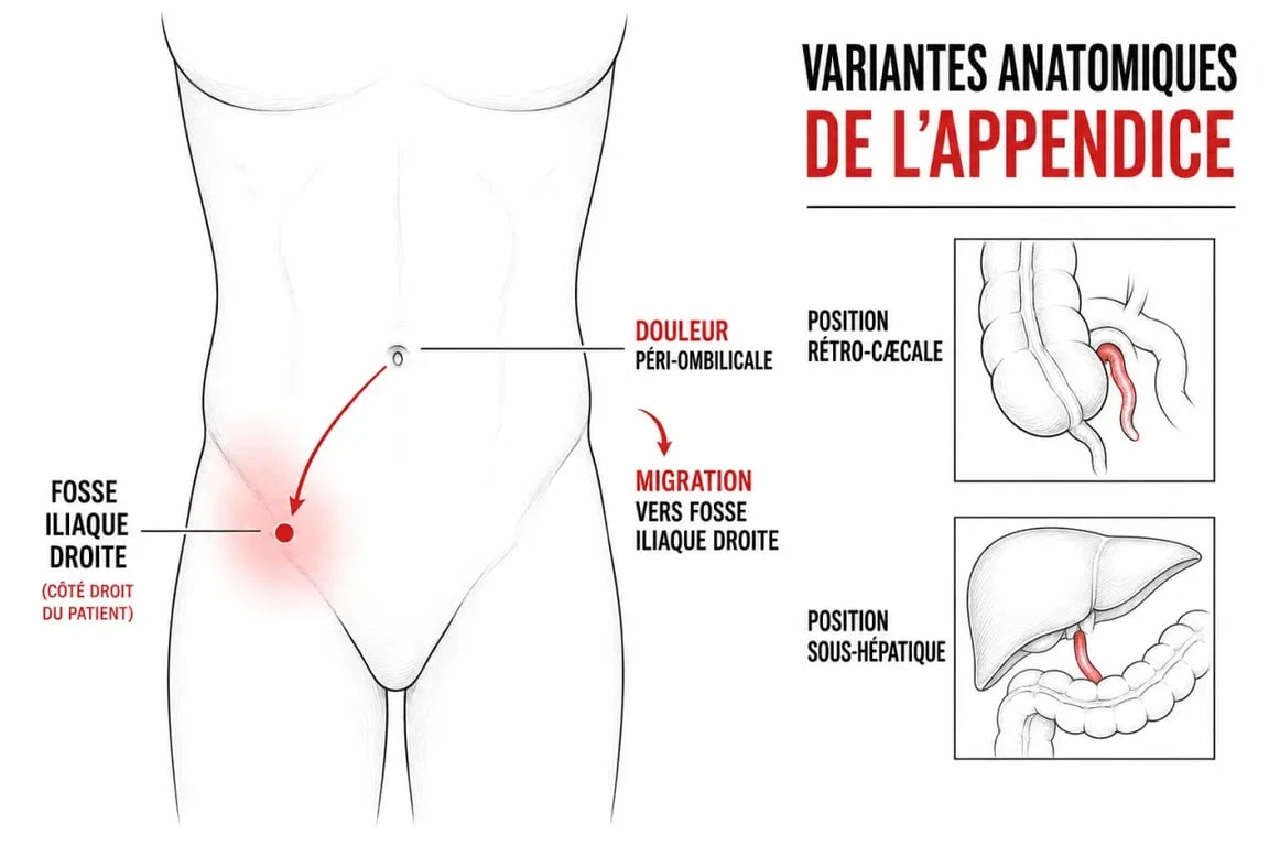 Quel coté l appendicite : schéma de l’abdomen montrant la douleur en bas à droite et les variantes anatomiques possibles