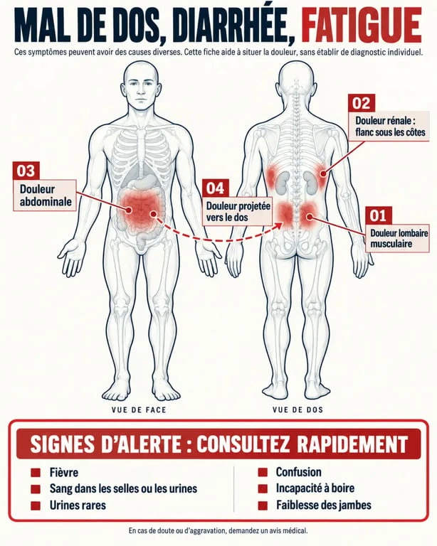 Infographie sur le mal de dos, la diarrhée, la fatigue et les signes d'alerte