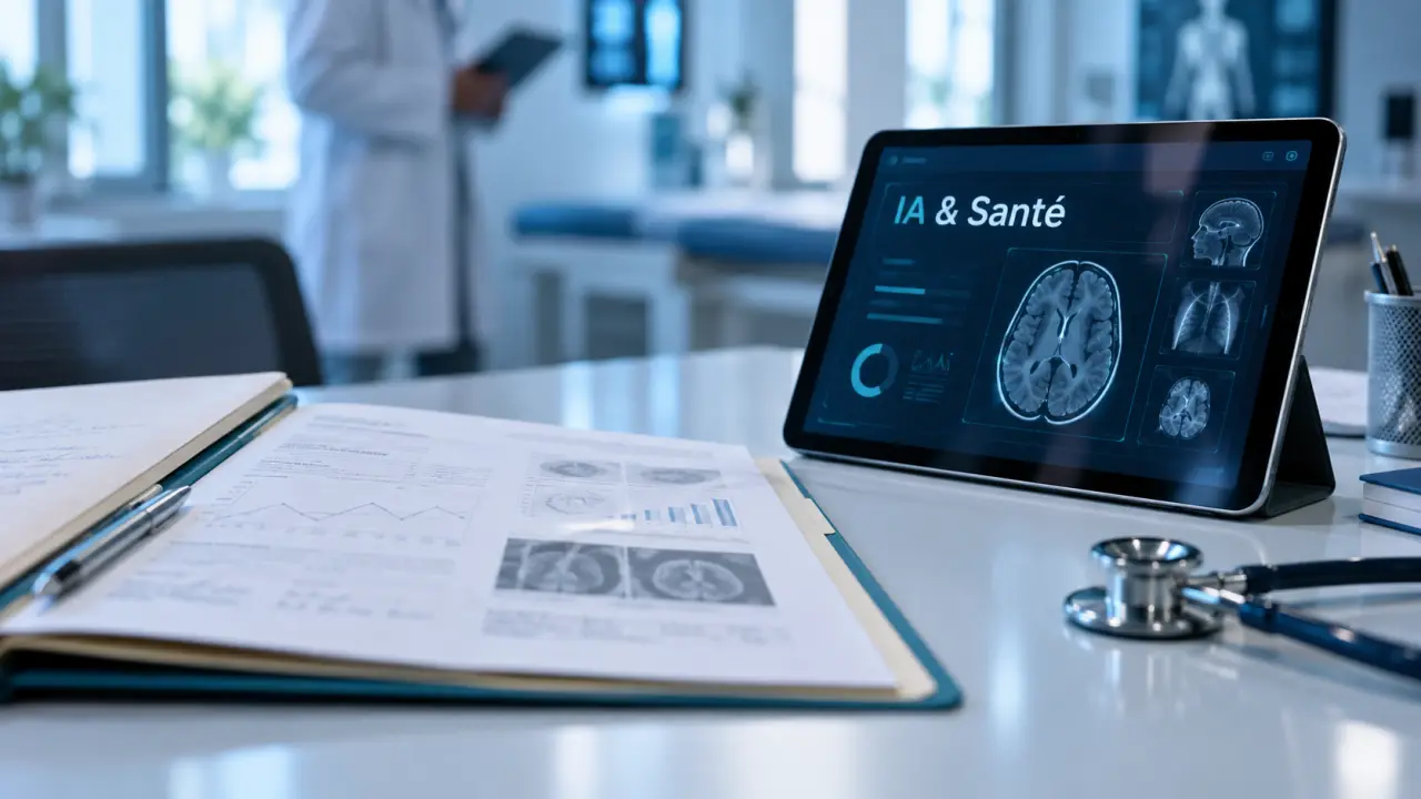 Intelligence artificielle santé en consultation : tablette IA et dossier patient