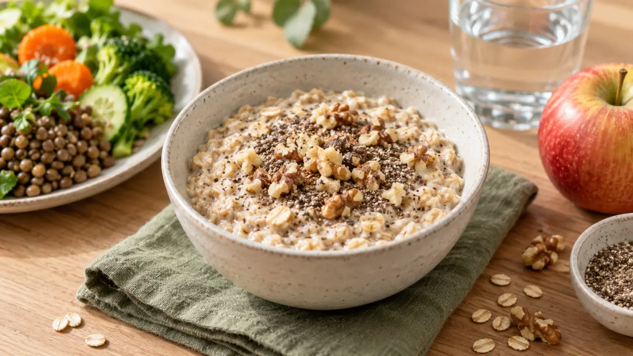 Aliment riche en fibre : porridge d’avoine avec graines de chia et noix