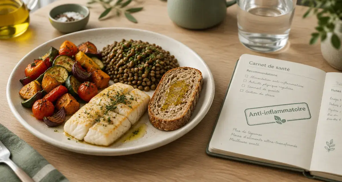 Alimentation anti inflammatoire : assiette légumes lentilles poisson et huile d’olive