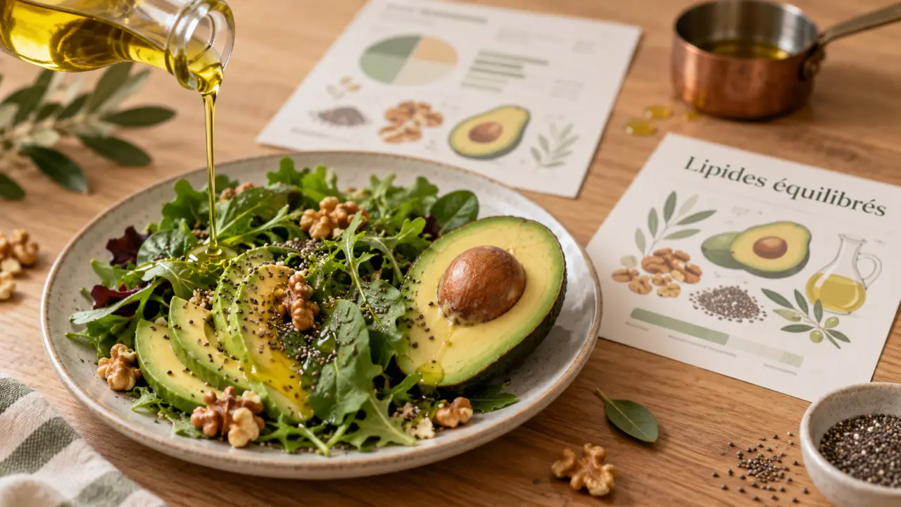 Alimentation lipide : salade avec huile d’olive, noix et chia