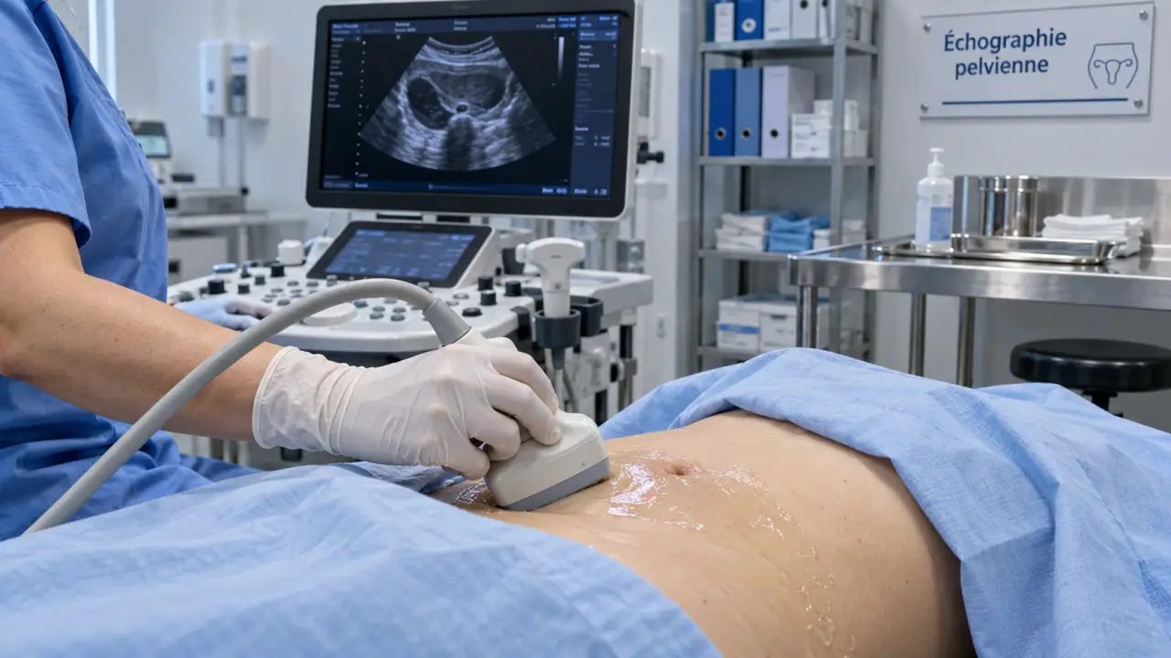Échographie pelvienne : sonde et gel sur le bas-ventre