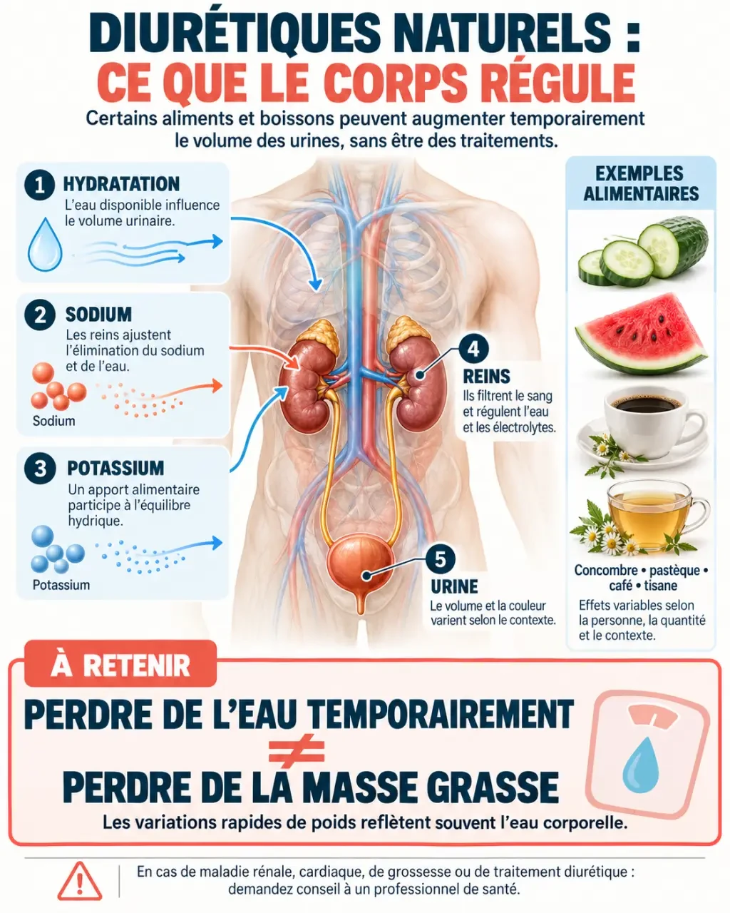 Infographie sur les diurétiques naturels, l’eau, le sodium, le potassium et la différence entre perte d’eau et perte de graisse
