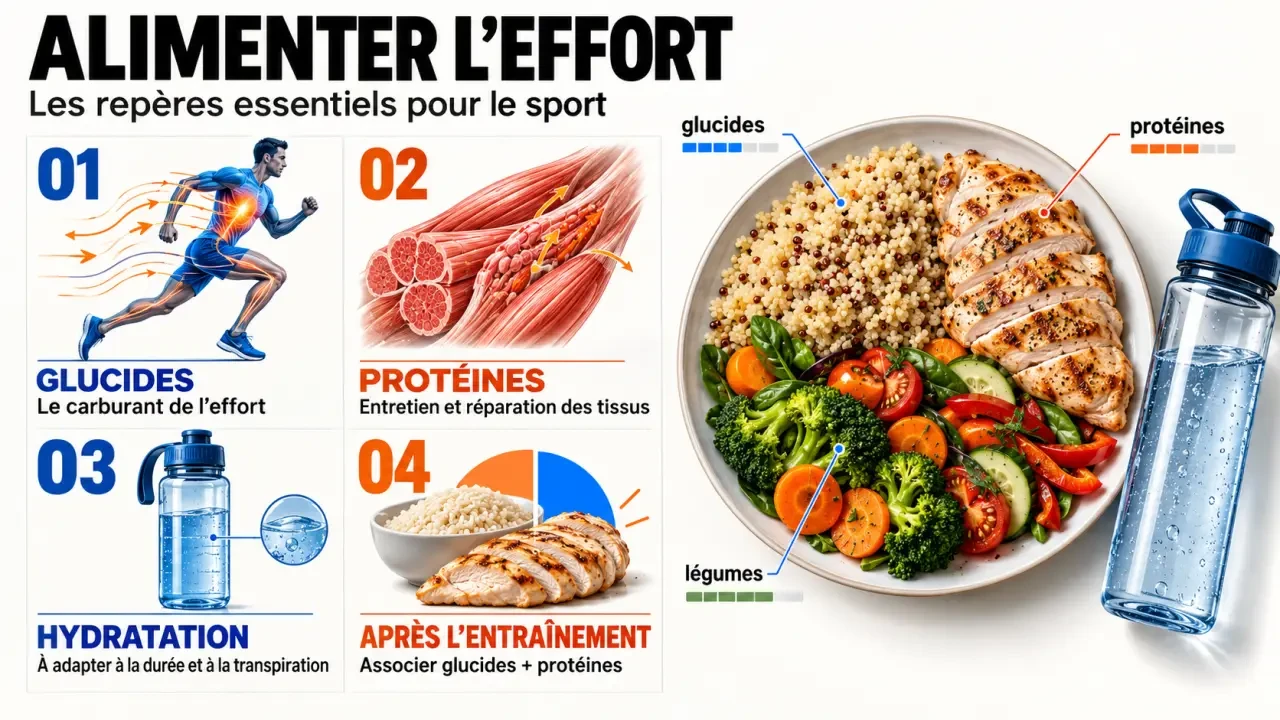Infographie sur l’alimentation et le sport avec glucides, protéines, hydratation et récupération