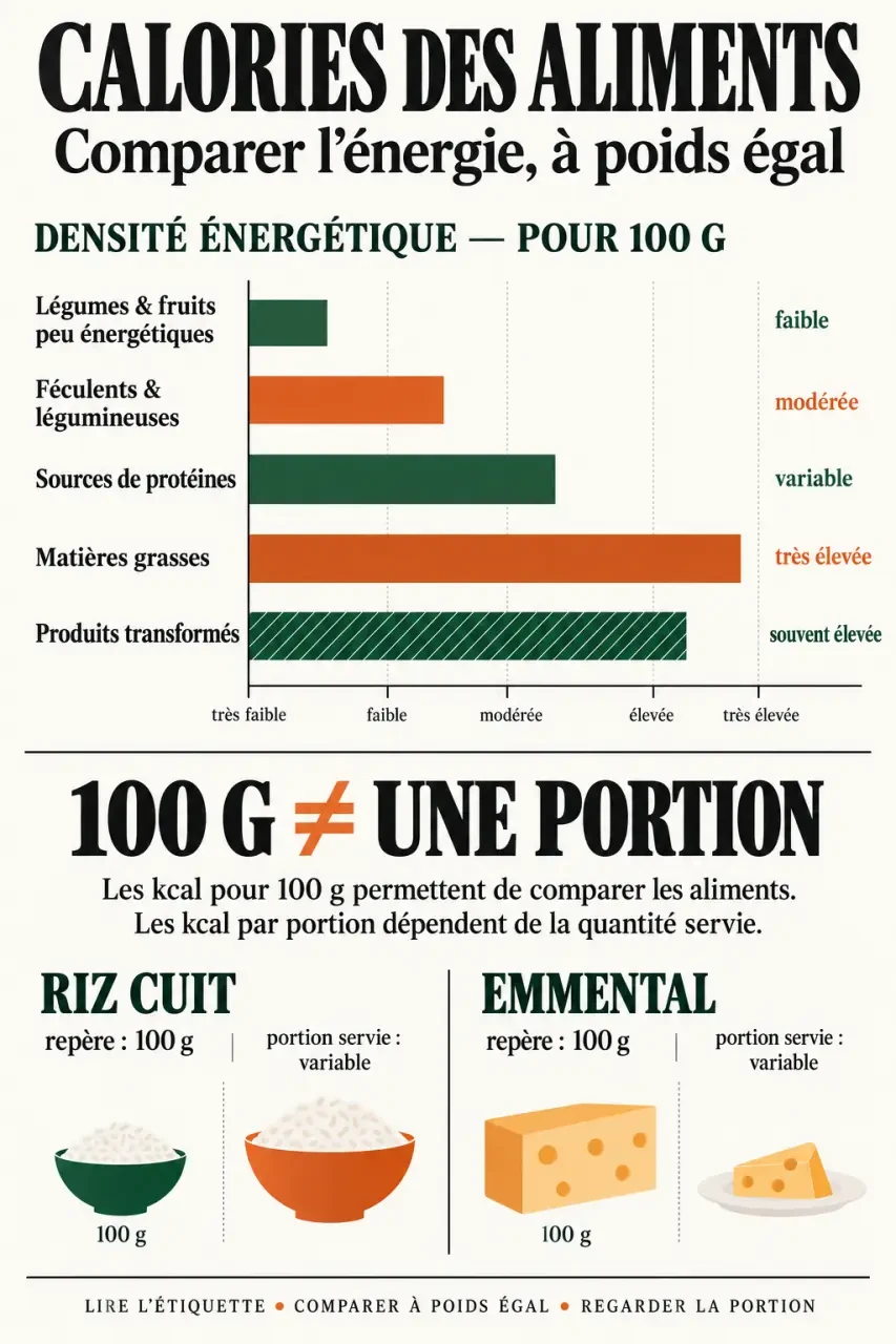 Calories tableau aliments : comparaison des kcal pour 100 g et par portion