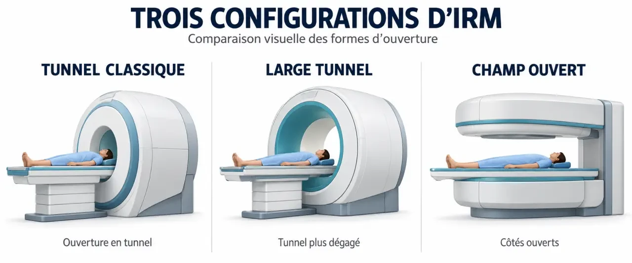 Schéma pour comprendre où trouver une IRM à champ ouvert et distinguer champ ouvert, large tunnel et tunnel classique