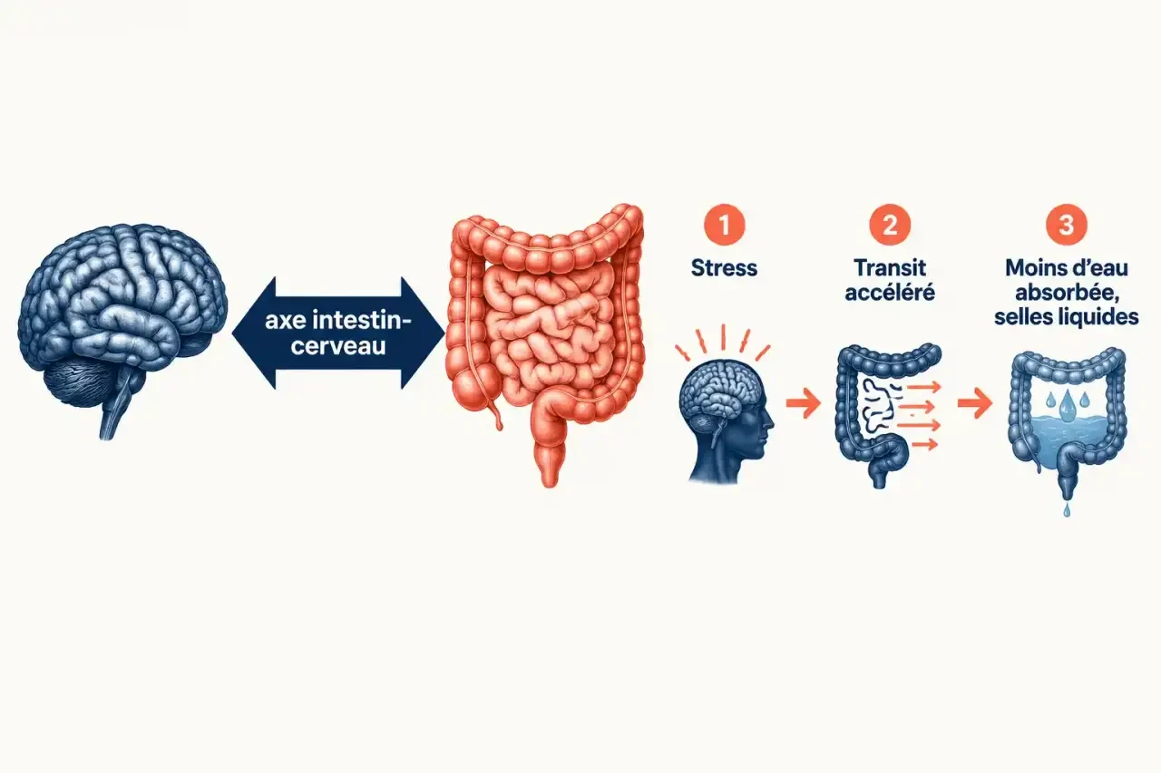 Schéma du mécanisme entre stress et diarrhée : de l'axe intestin-cerveau au transit accéléré