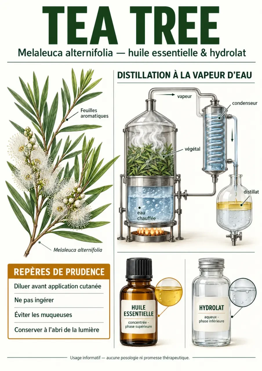 Infographie sur les huiles essentielles de tea tree, la distillation et les précautions d’utilisation