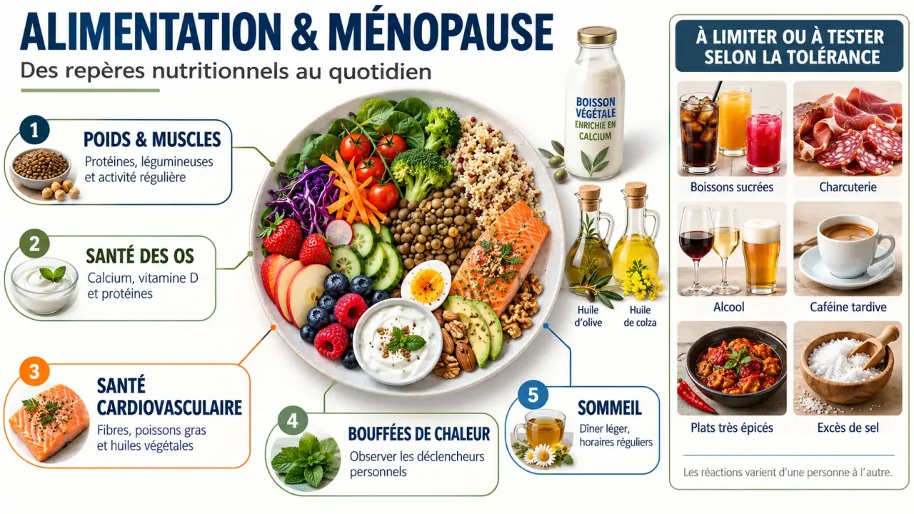 Infographie sur l’alimentation ménopause avec aliments à privilégier et à limiter selon les objectifs