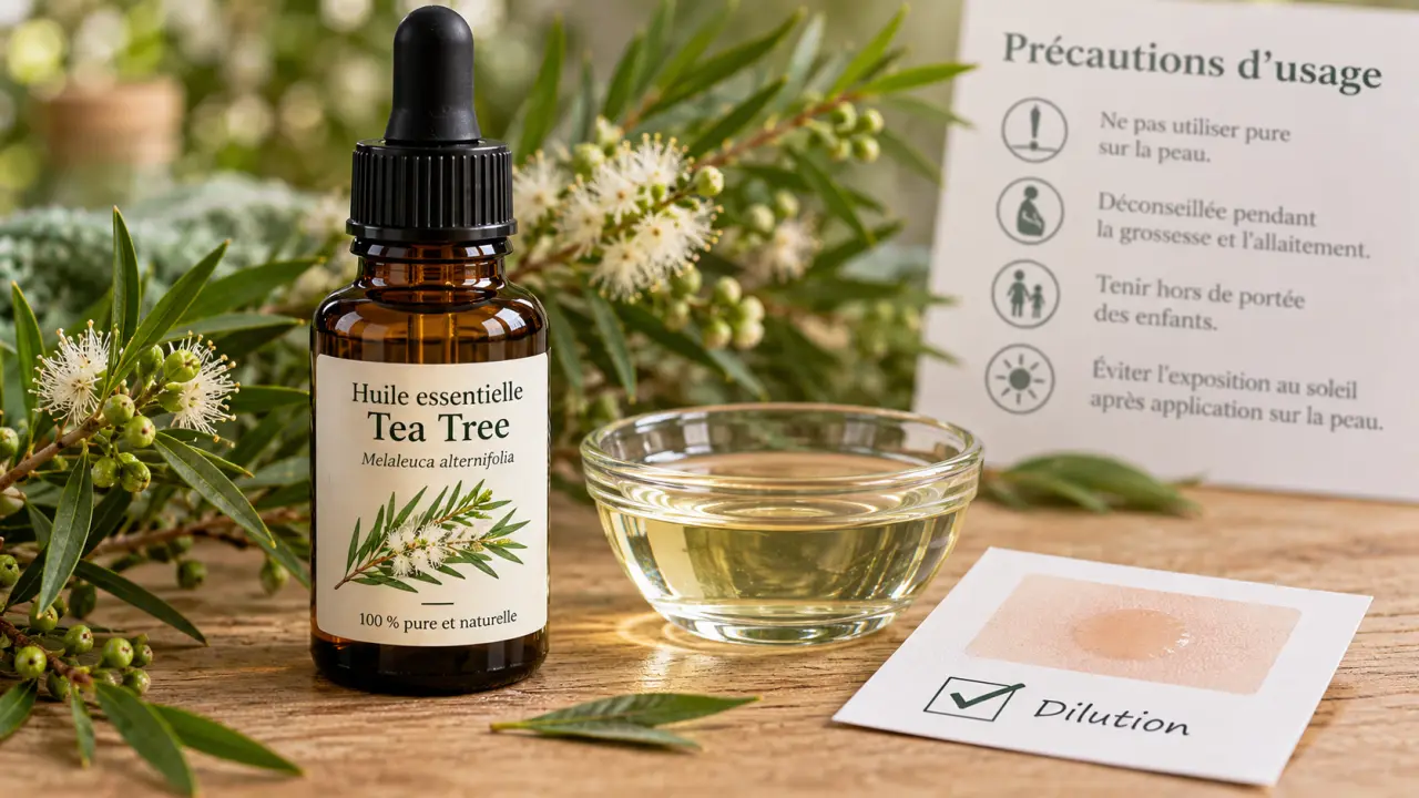 Huiles essentielles de tea tree : flacon, dilution et précautions peau