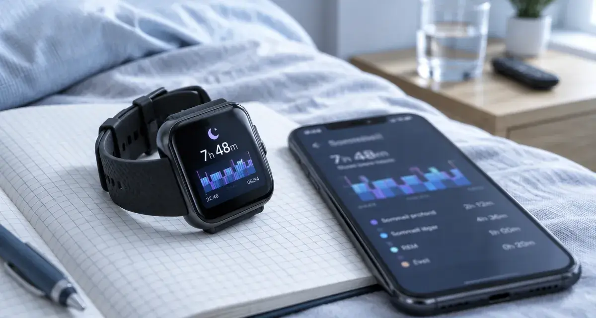 Montre connectée santé sur carnet, courbes sommeil